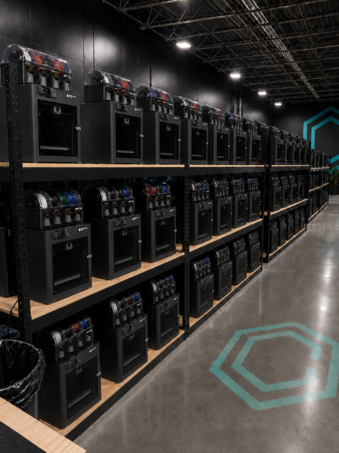 Rows of HexCore Manufacturing production 3D printers for contract manufacturing